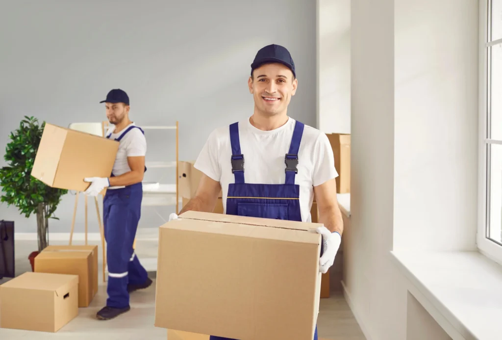 Professional movers carrying boxes inside a modern home during relocation, Mobile Movers