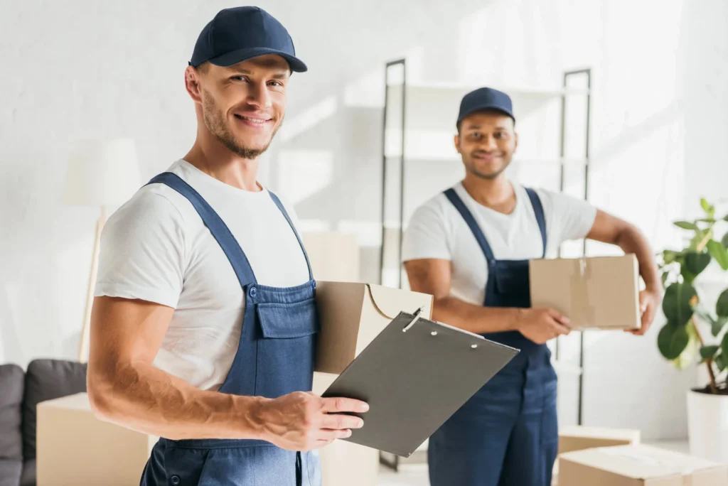 Smiling movers carrying boxes and clipboard during relocation, movers in Ann Arbor, MI